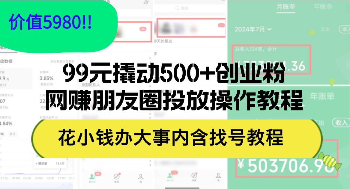 99元撬动500+创业粉，网赚朋友圈投放操作教程价值5980！花小钱办大事内…-网创特工